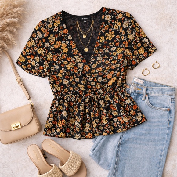 Madewell Floral Peplum Top XS Black Boho Wrap Tie Waist Anthropologie - Picture 2 of 8
